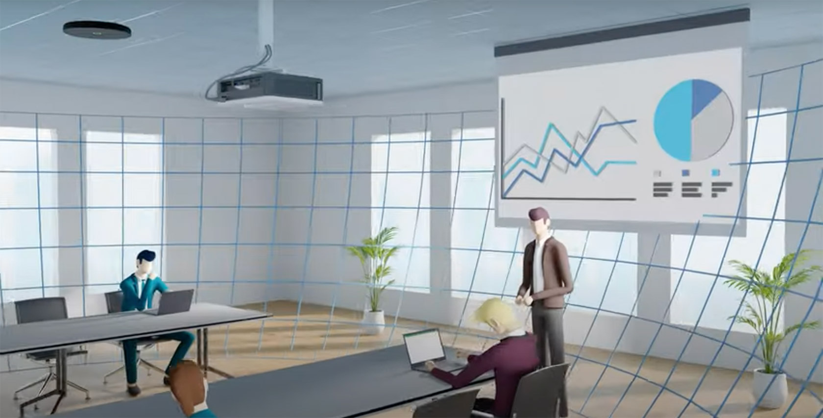 Cartoon render of an office.