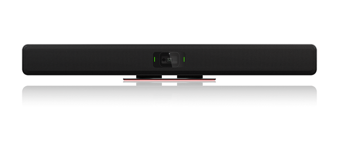Black rectangular soundbar with central camera lens and green lights on sides, on a reflective surface.