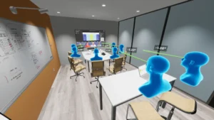 VR design screen with Modern conference room with long table, holographic heads above laptops projecting data to a screen with charts; notes on whiteboard.